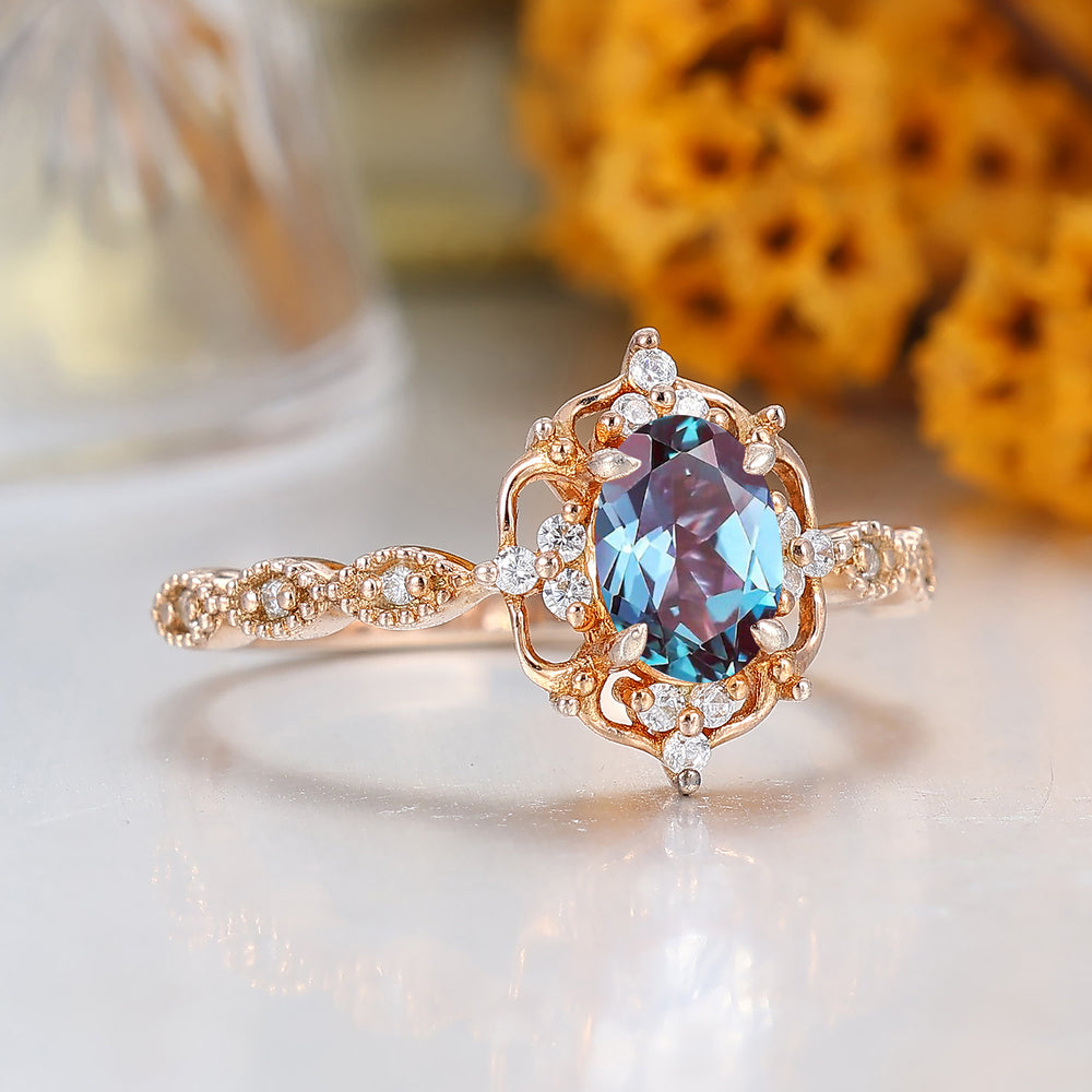 Vintage Filigree Alexandrite Engagement Ring 14K Rose Gold Milgrain Alexandrite Women Rings