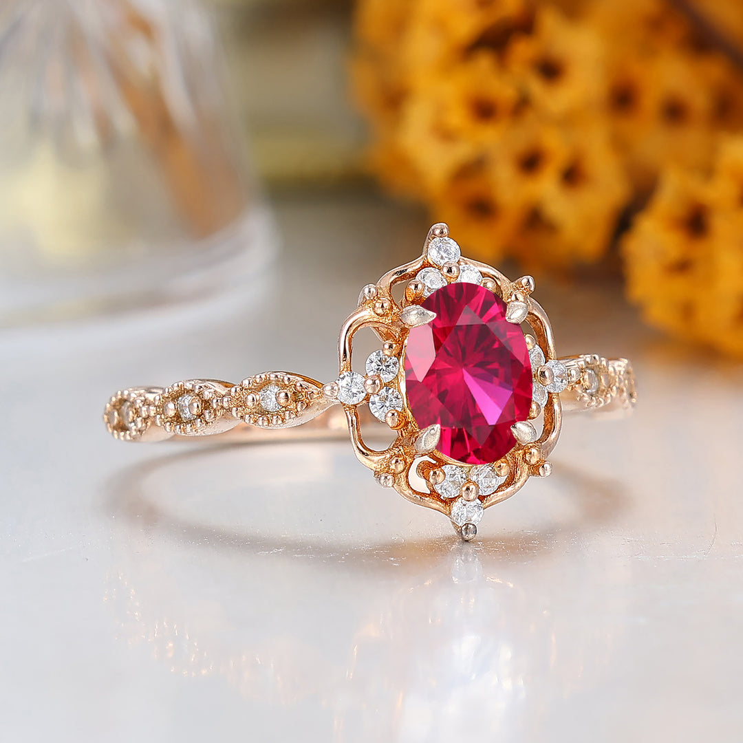 Dainty Filigreed Ruby Engagement Ring 14K Rose Gold Anniversary Promise Ring For Women