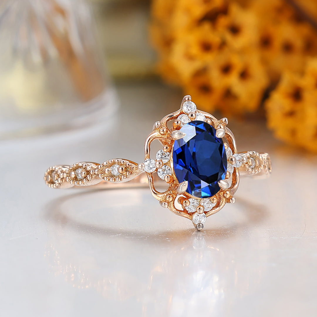 Antique Style Oval Cut Sapphire Cluster Engagement Ring Purple Gemstone Ring