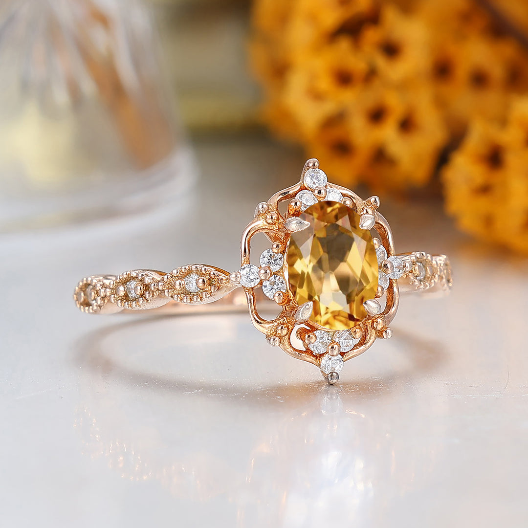 Dainty Filigreed Citrine Engagement Ring 14K Rose Gold Anniversary Promise Ring For Women