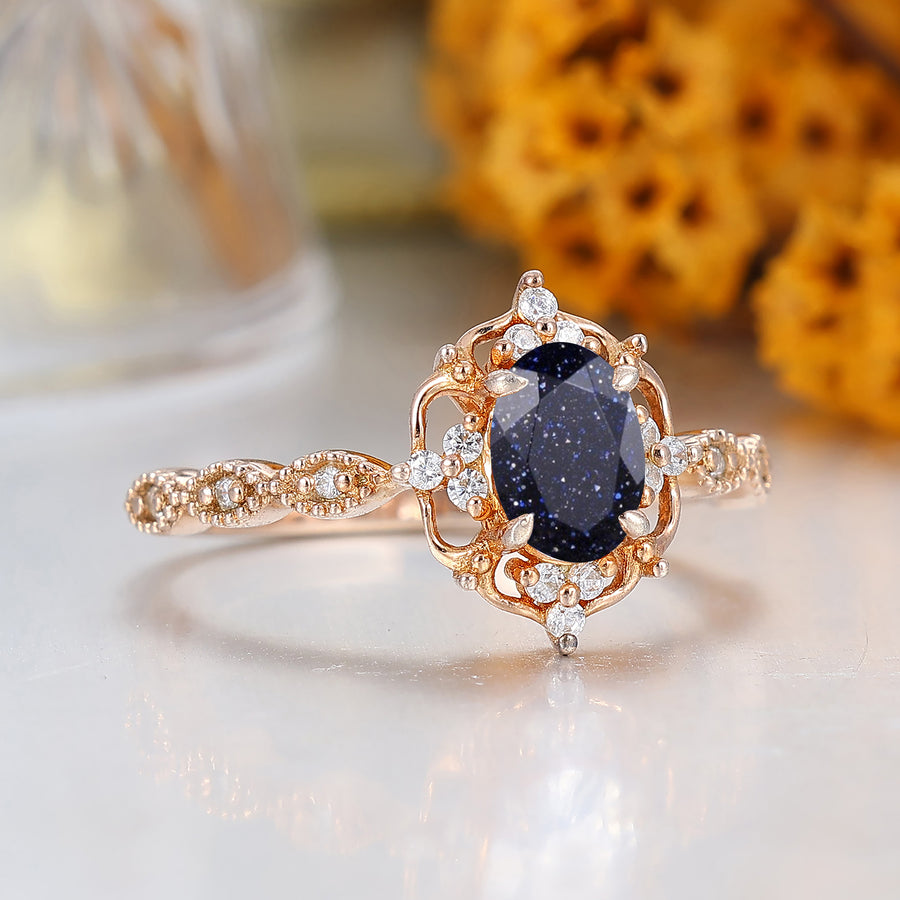 Vintage anillo de mujer de piedra arenisca azul filigranada 1CT corte ovalado piedra arenisca azul anillo nupcial de oro rosa