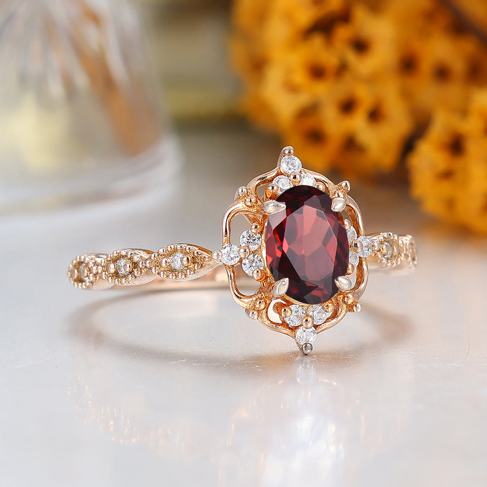 Antique Style Oval Cut  Red Garnet Cluster Engagement Ring Purple Gemstone Ring