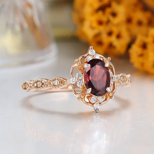 Antique Style Oval Cut  Red Garnet Cluster Engagement Ring Purple Gemstone Ring