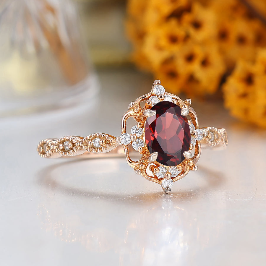 Antique Style Oval Cut  Red Garnet Cluster Engagement Ring Purple Gemstone Ring