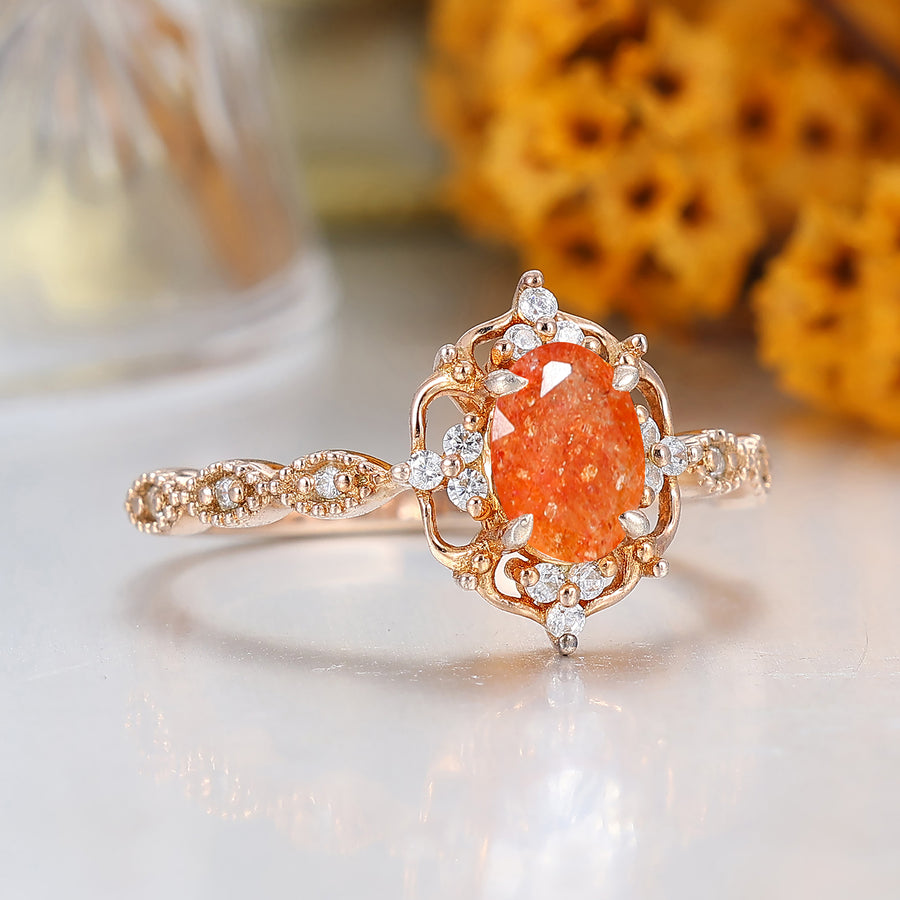 1CT Oval Cut Natural Sunstone Cluster Engagement Ring For Women Gift