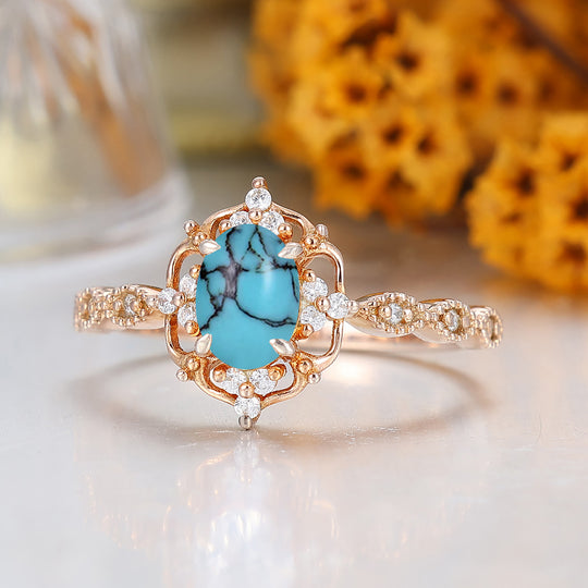 Dainty Filigreed Turquoise Engagement Ring 14K Rose Gold Anniversary Promise Ring For Women