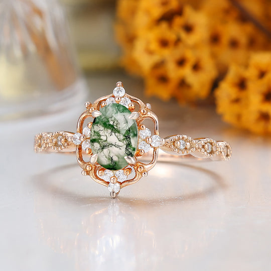 Zierlicher 1CT Ovaler Moosachat-Verlobungsring mit Moissanit-Einlage für Damen, Feiner Ring