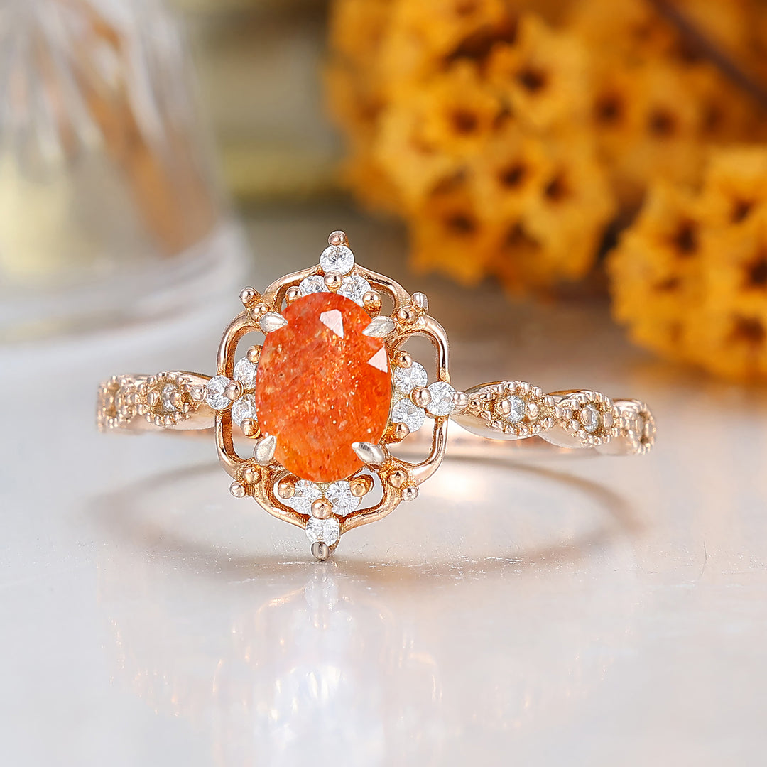 Anillo de compromiso para mujer con racimo de piedra solar natural de corte ovalado de 1CT, regalo