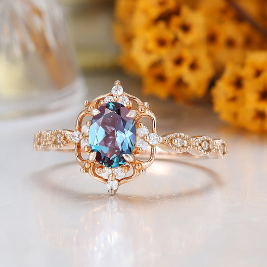 Vintage Filigree Alexandrite Engagement Ring 14K Rose Gold Milgrain Alexandrite Women Rings