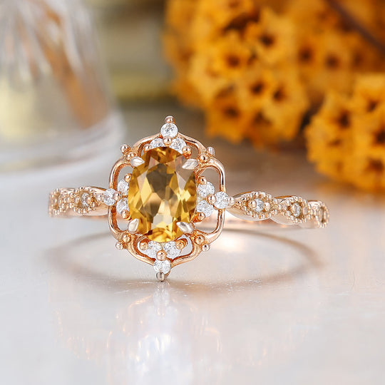 Dainty Filigreed Citrine Engagement Ring 14K Rose Gold Anniversary Promise Ring For Women