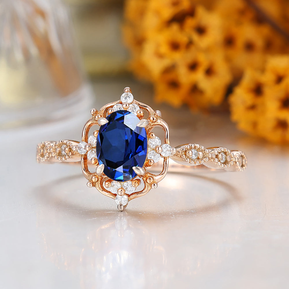 Antique Style Oval Cut Sapphire Cluster Engagement Ring Purple Gemstone Ring