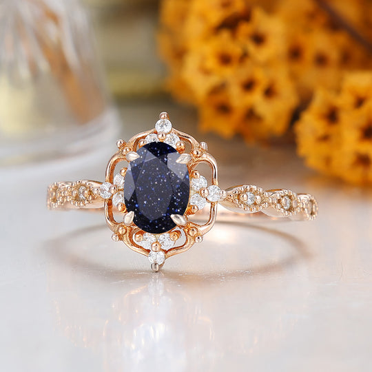 Vintage Filigreed Blue Sandstone Women Ring 1CT Oval Cut Blue Sandstone Rose Gold Bridal Ring