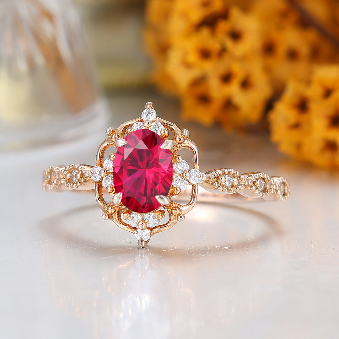 Dainty Filigreed Ruby Engagement Ring 14K Rose Gold Anniversary Promise Ring For Women