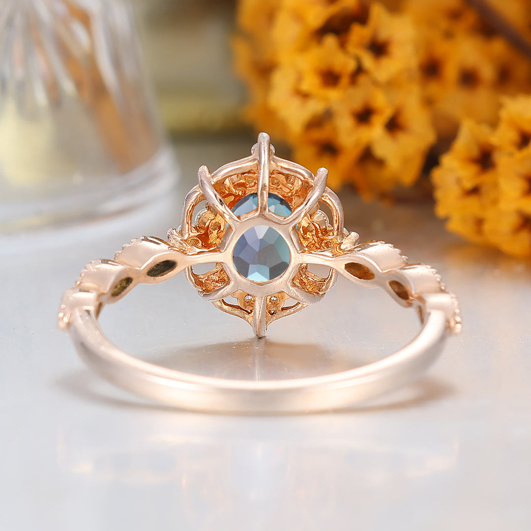 Vintage Filigree Alexandrite Engagement Ring 14K Rose Gold Milgrain Alexandrite Women Rings