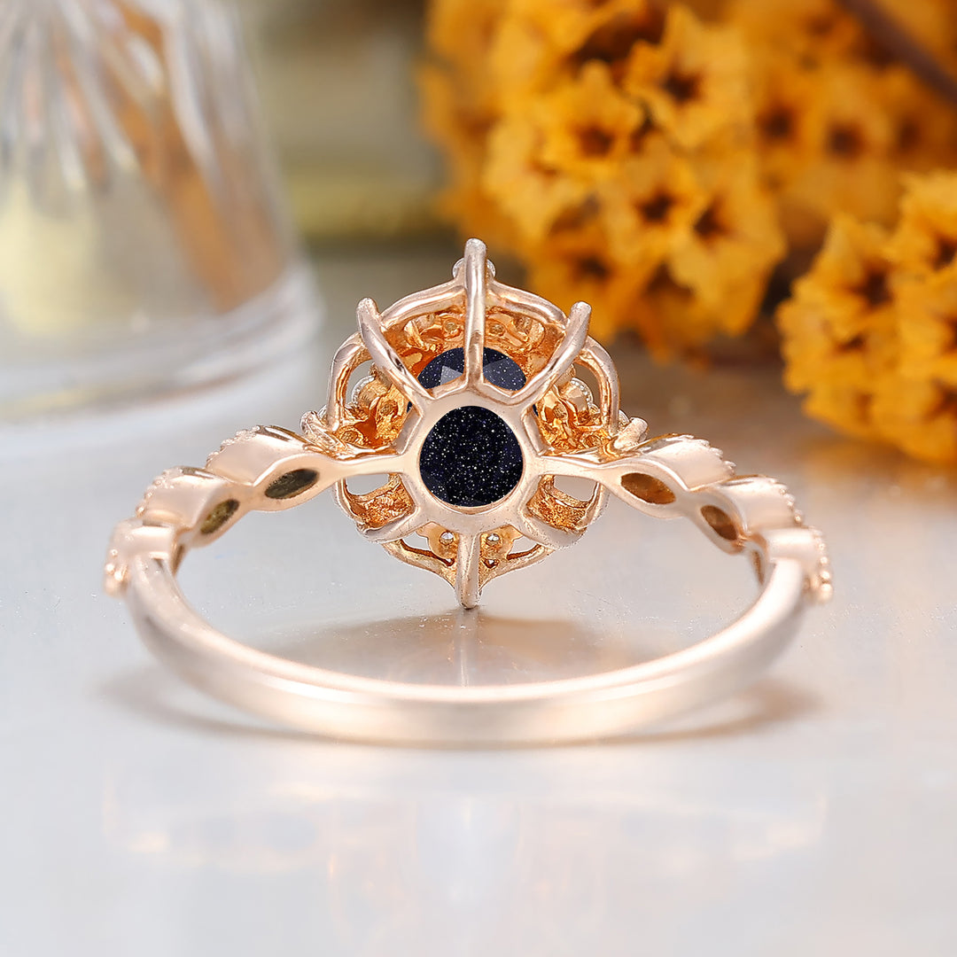 Vintage Filigreed Blue Sandstone Women Ring 1CT Oval Cut Blue Sandstone Rose Gold Bridal Ring