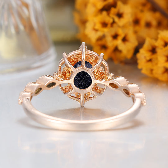 Vintage Filigreed Blue Sandstone Women Ring 1CT Oval Cut Blue Sandstone Rose Gold Bridal Ring