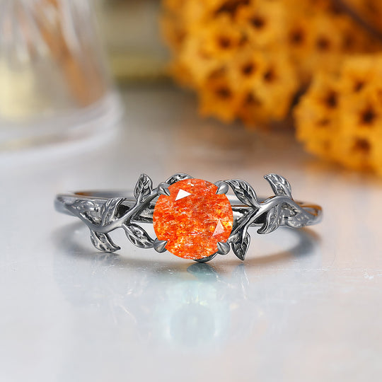 Nature inspirée Feuille Branche Bague de Mariage en Pierre de Soleil Taille Hexagonale Pierre de Soleil Orange Bague de Fiançailles en Or
