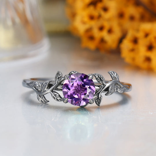 Bague de mariage améthyste branche feuille inspirée de la nature Bague de fiançailles améthyste taille hexagonale