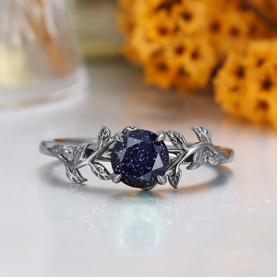 Nature Inspired Blue Sandstone Engagement Ring Leaf Branch Round Cut Bridal Ring
