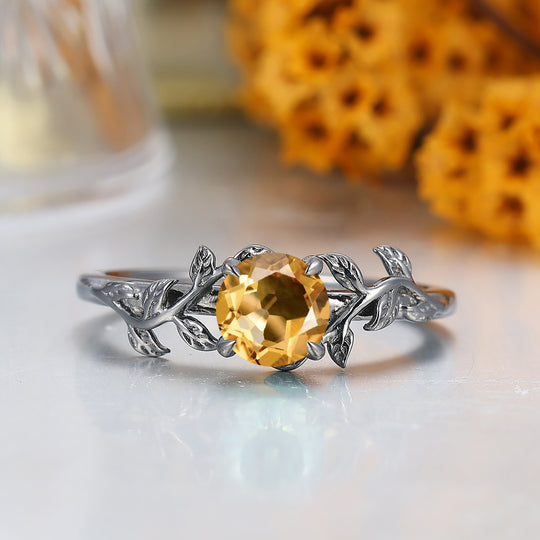 Round Cut Citrine Engagement Ring Leaf Branch Style Black Plated Bridal Ring