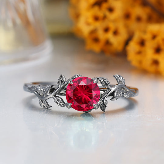 Round Cut Ruby Engagement Ring Leaf Branch Style Black Plated Bridal Ring