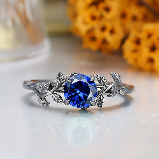 Anillo nupcial con rama de hoja inspirada en la naturaleza, anillo de compromiso con zafiro hexagonal cortado