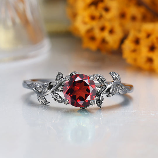 Nature Inspired Leaf Branch Red Garnet Bridal Ring Round Cut Engagement Ring