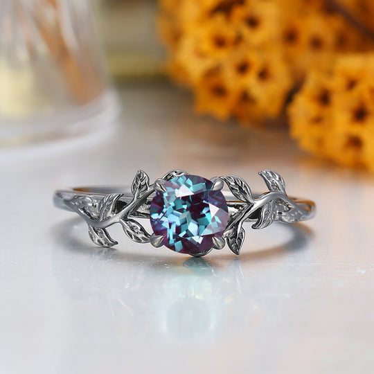 Solitaire Round Shape Alexandrite Engagement Ring Leaf Inspired Wedding Ring For Women