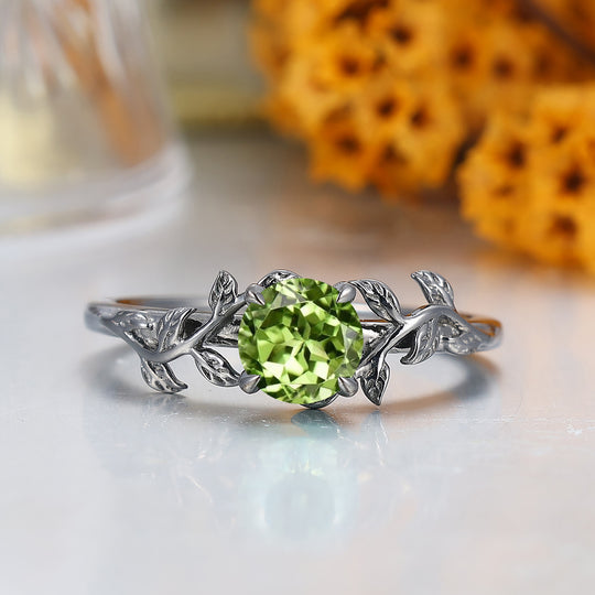 Leaf Inspired Solitaire Round Peridot Engagement Ring Prong Setting Women Ring