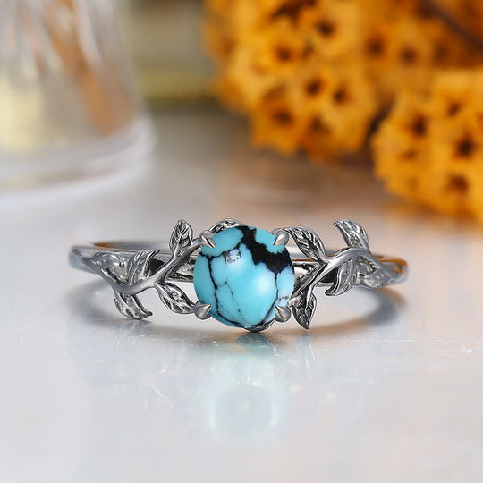 Round Cut Turquoise Engagement Ring Leaf Branch Style Black Plated Bridal Ring