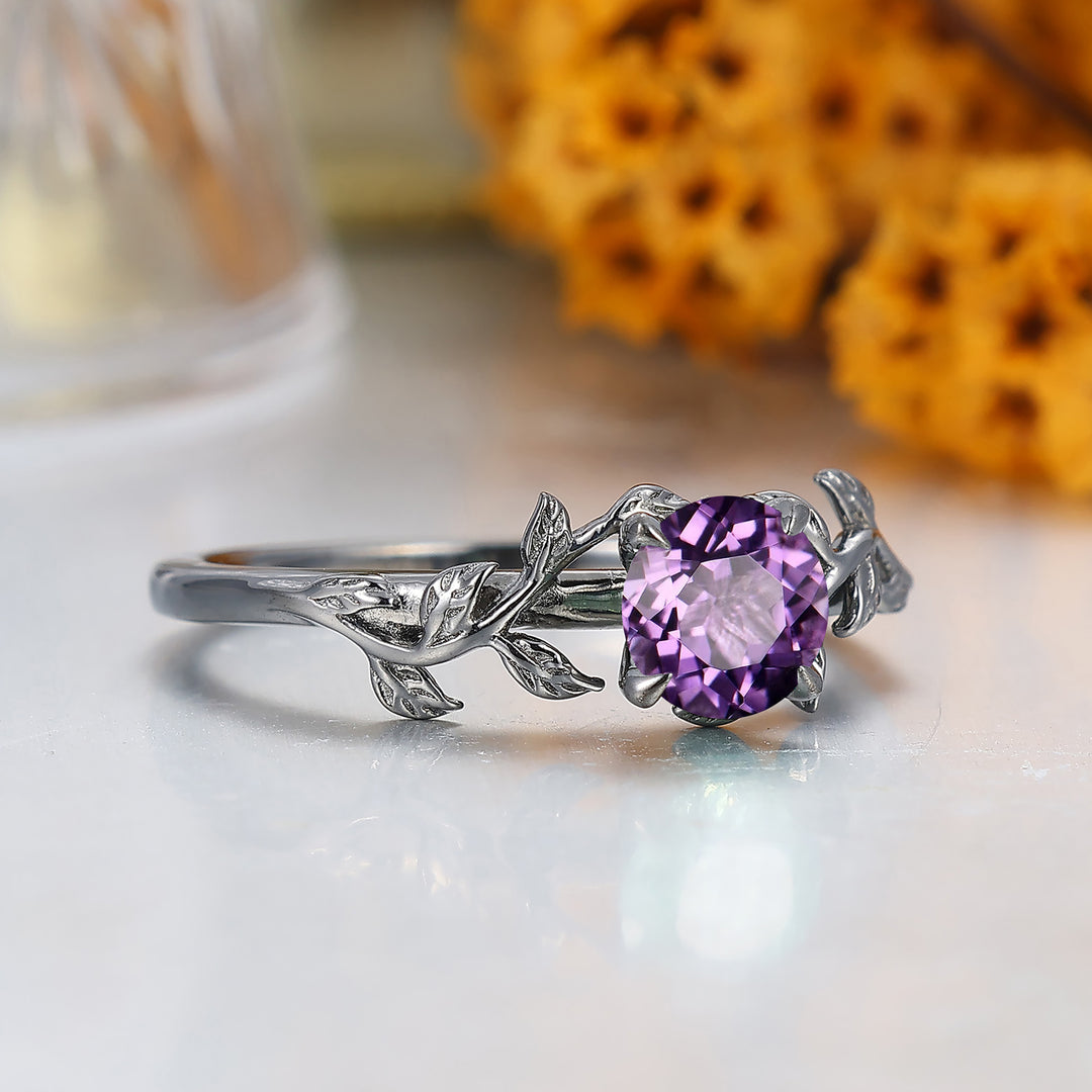 Bague de mariage améthyste branche feuille inspirée de la nature Bague de fiançailles améthyste taille hexagonale