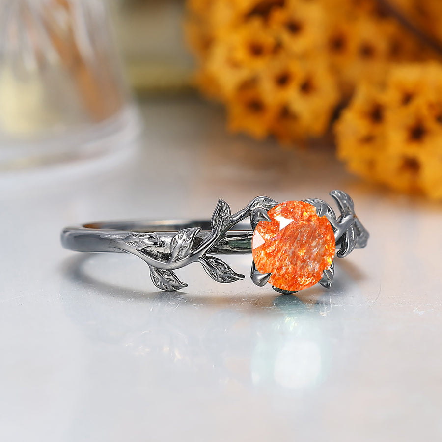 Nature Inspired Leaf Branch Sunstone Bridal Ring Hexagon Cut Orange Sunstone Gold Engagement Ring