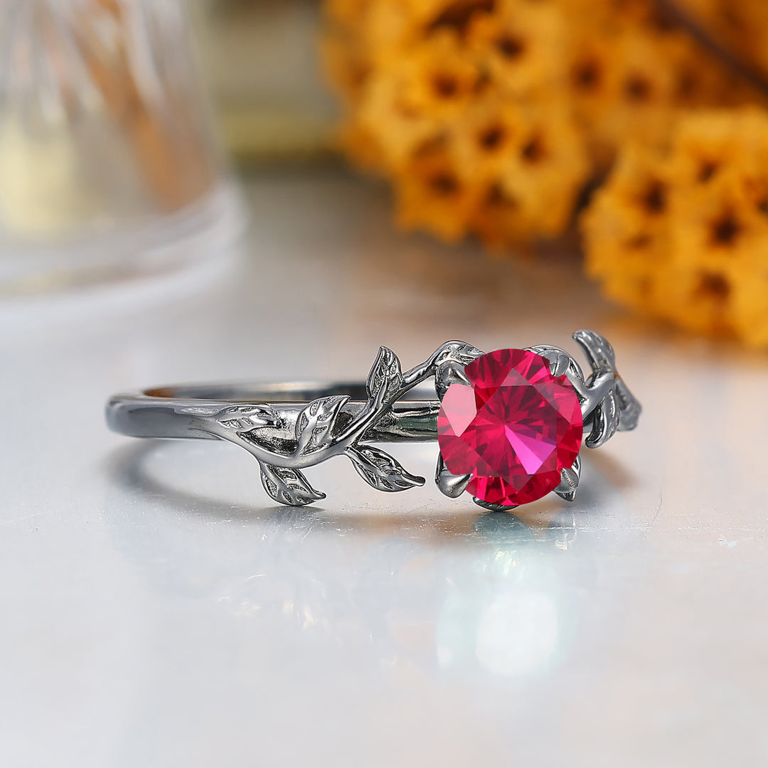 Round Cut Ruby Engagement Ring Leaf Branch Style Black Plated Bridal Ring