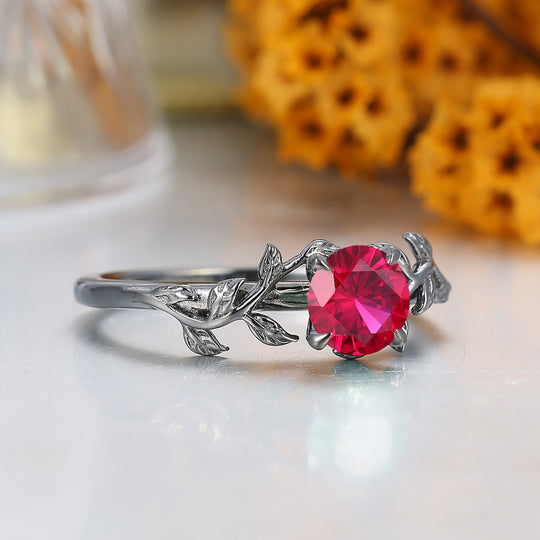 Round Cut Ruby Engagement Ring Leaf Branch Style Black Plated Bridal Ring