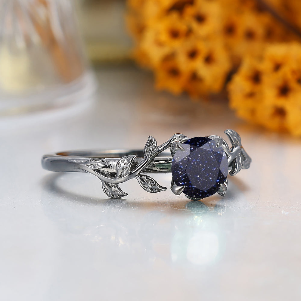 Nature Inspired Blue Sandstone Engagement Ring Leaf Branch Round Cut Bridal Ring