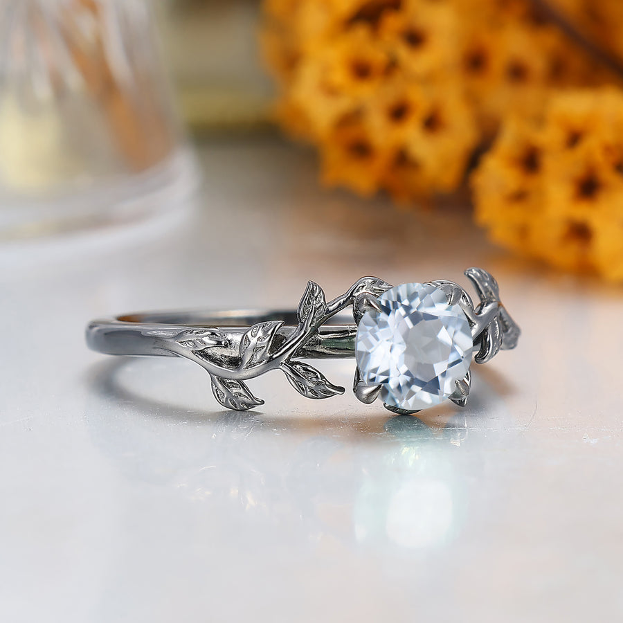 Solitaire Round Shape Aquamarine Engagement Ring Leaf Inspired Wedding Ring For Women