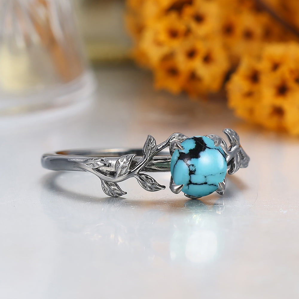Round Cut Turquoise Engagement Ring Leaf Branch Style Black Plated Bridal Ring
