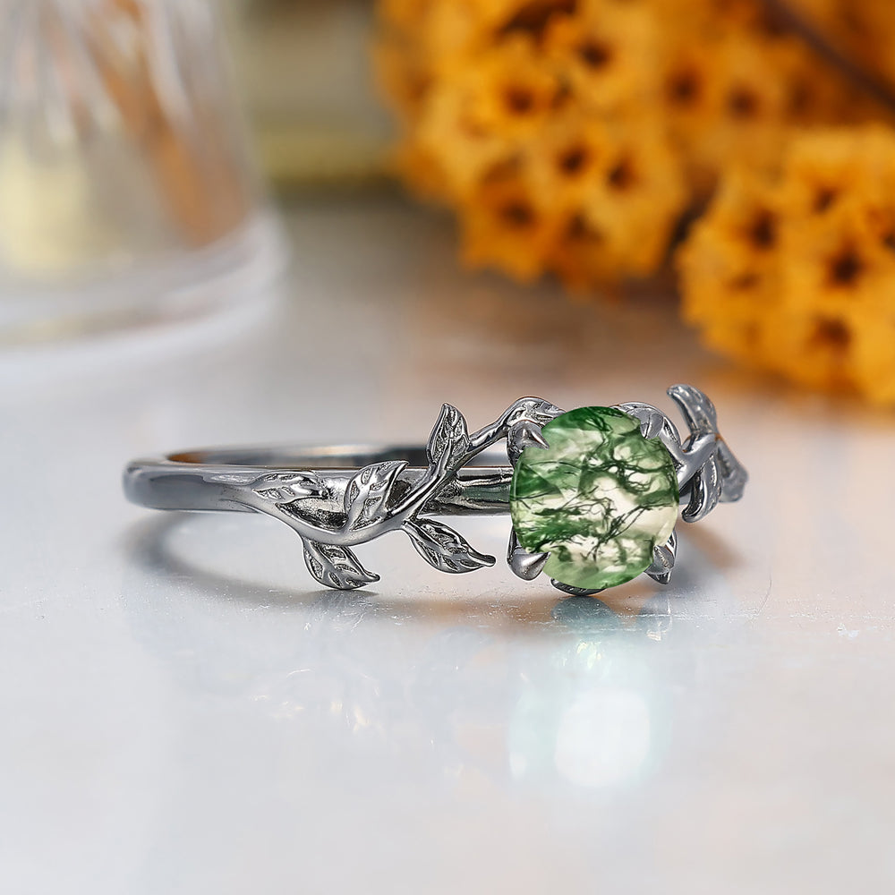 Solitaire Round Shape Moss Agate Engagement Ring Leaf Inspired Wedding Ring For Women