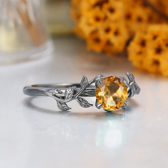 Round Cut Citrine Engagement Ring Leaf Branch Style Black Plated Bridal Ring