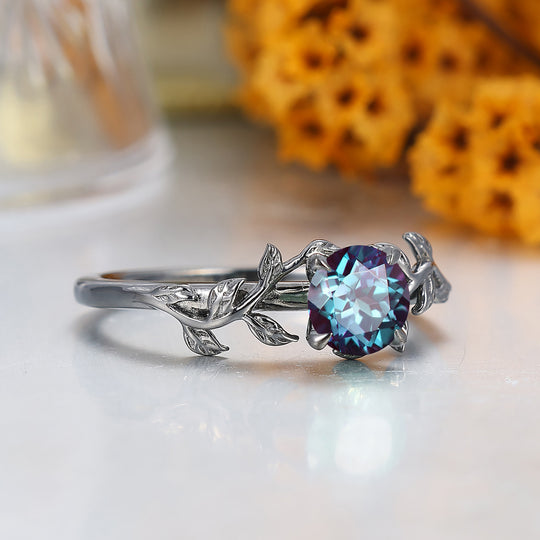 Solitaire Round Shape Alexandrite Engagement Ring Leaf Inspired Wedding Ring For Women