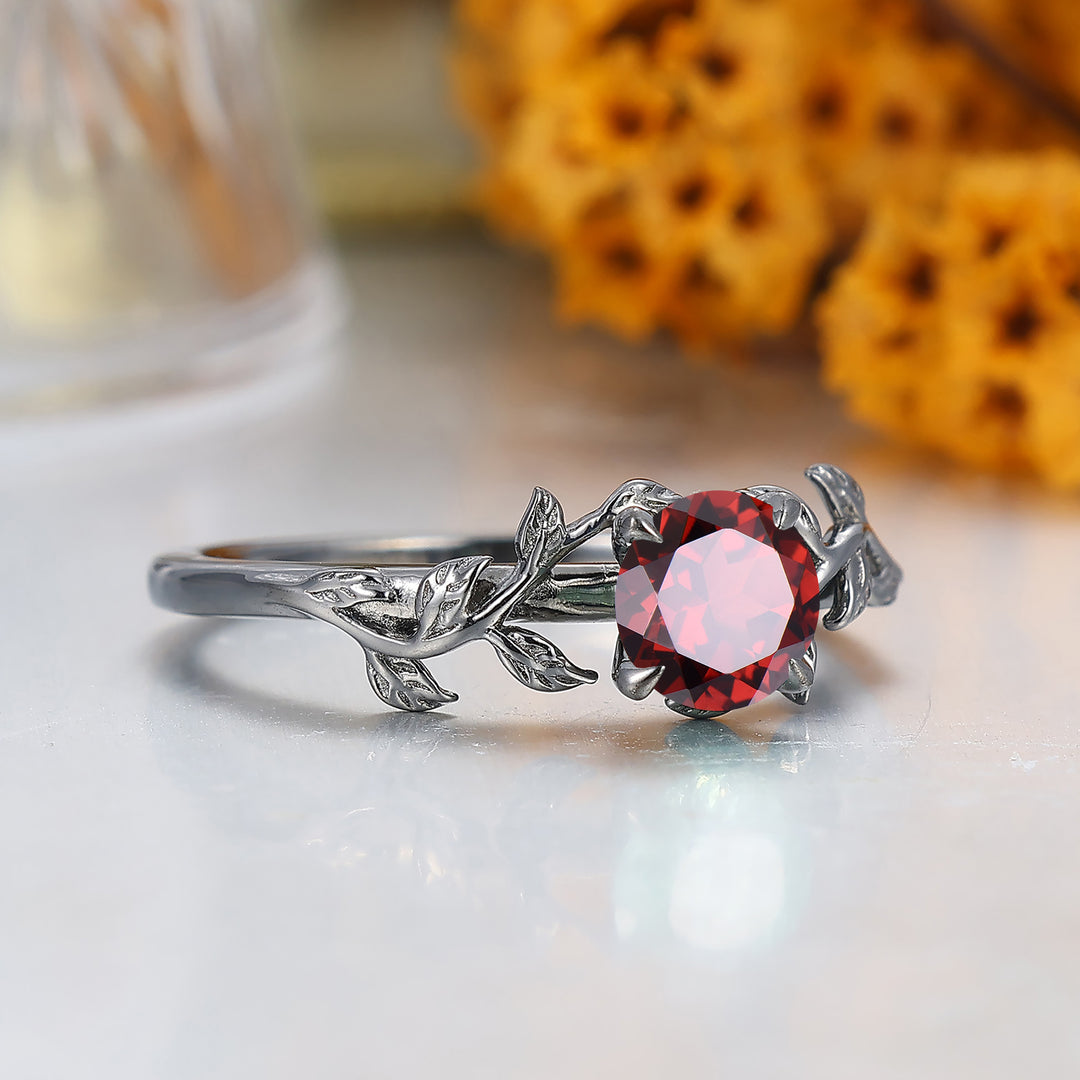 Nature Inspired Leaf Branch Red Garnet Bridal Ring Round Cut Engagement Ring
