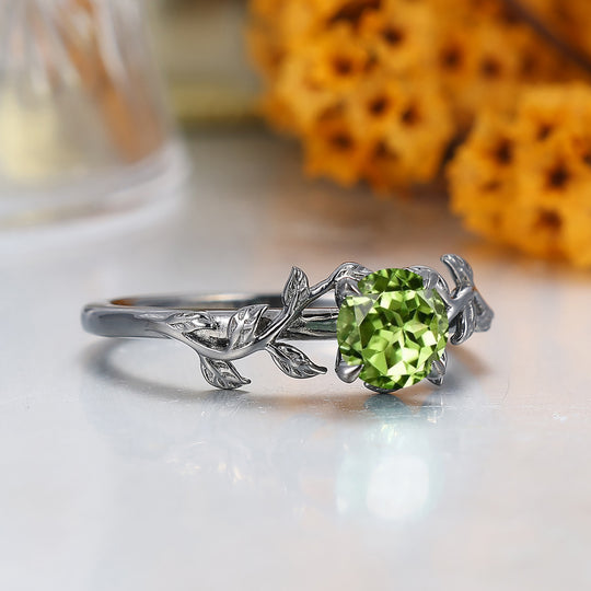 Leaf Inspired Solitaire Round Peridot Engagement Ring Prong Setting Women Ring