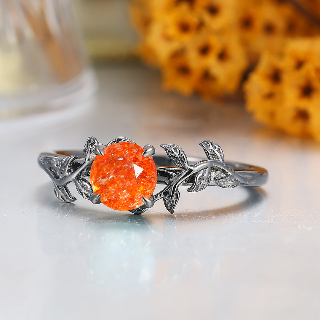 Nature inspirée Feuille Branche Bague de Mariage en Pierre de Soleil Taille Hexagonale Pierre de Soleil Orange Bague de Fiançailles en Or