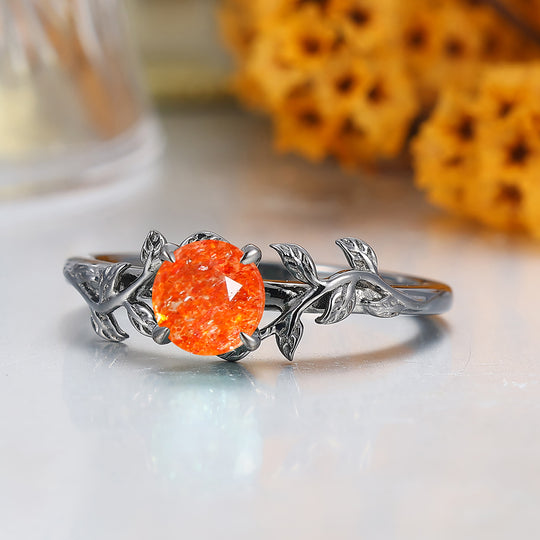 Nature inspirée Feuille Branche Bague de Mariage en Pierre de Soleil Taille Hexagonale Pierre de Soleil Orange Bague de Fiançailles en Or
