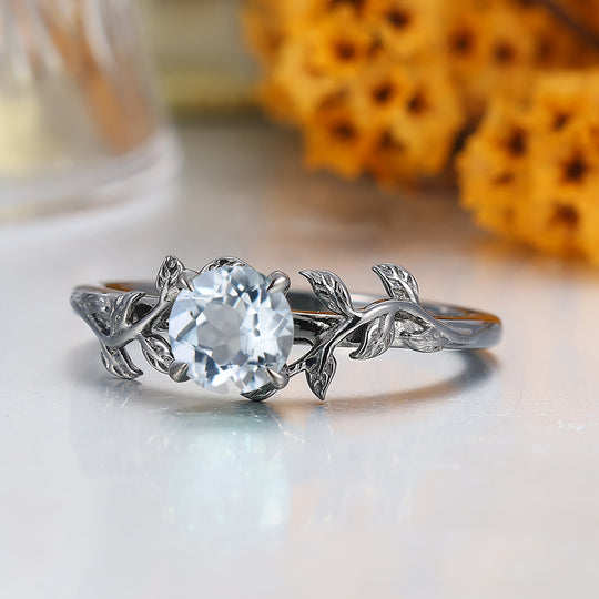 Solitaire ronde aquamarijn verlovingsring blad geïnspireerde trouwring voor dames