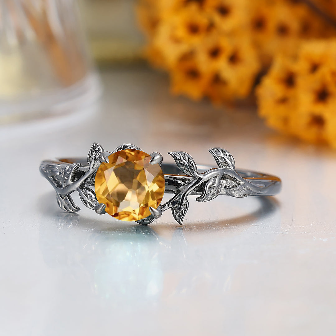 Round Cut Citrine Engagement Ring Leaf Branch Style Black Plated Bridal Ring