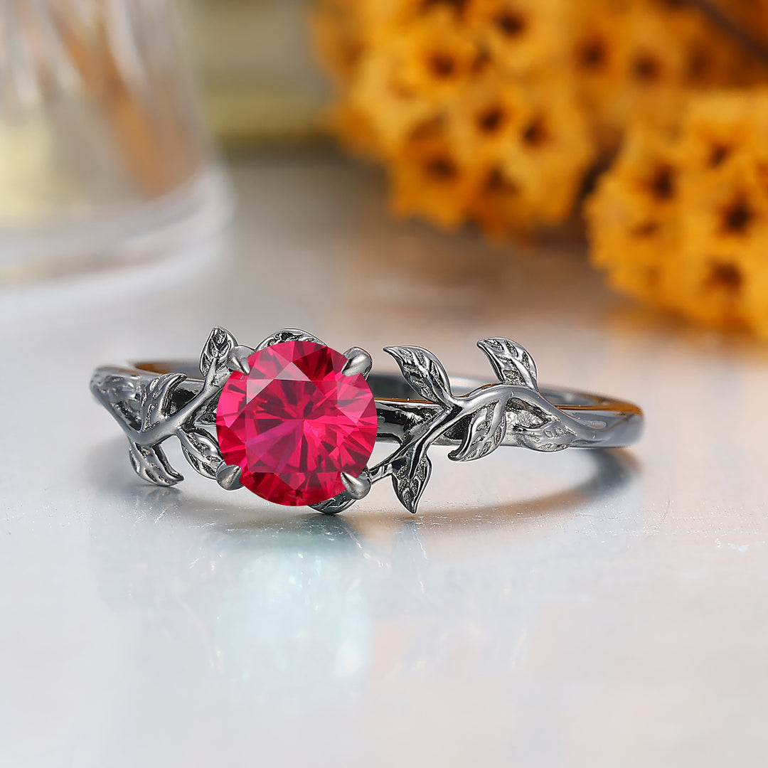 Round Cut Ruby Engagement Ring Leaf Branch Style Black Plated Bridal Ring
