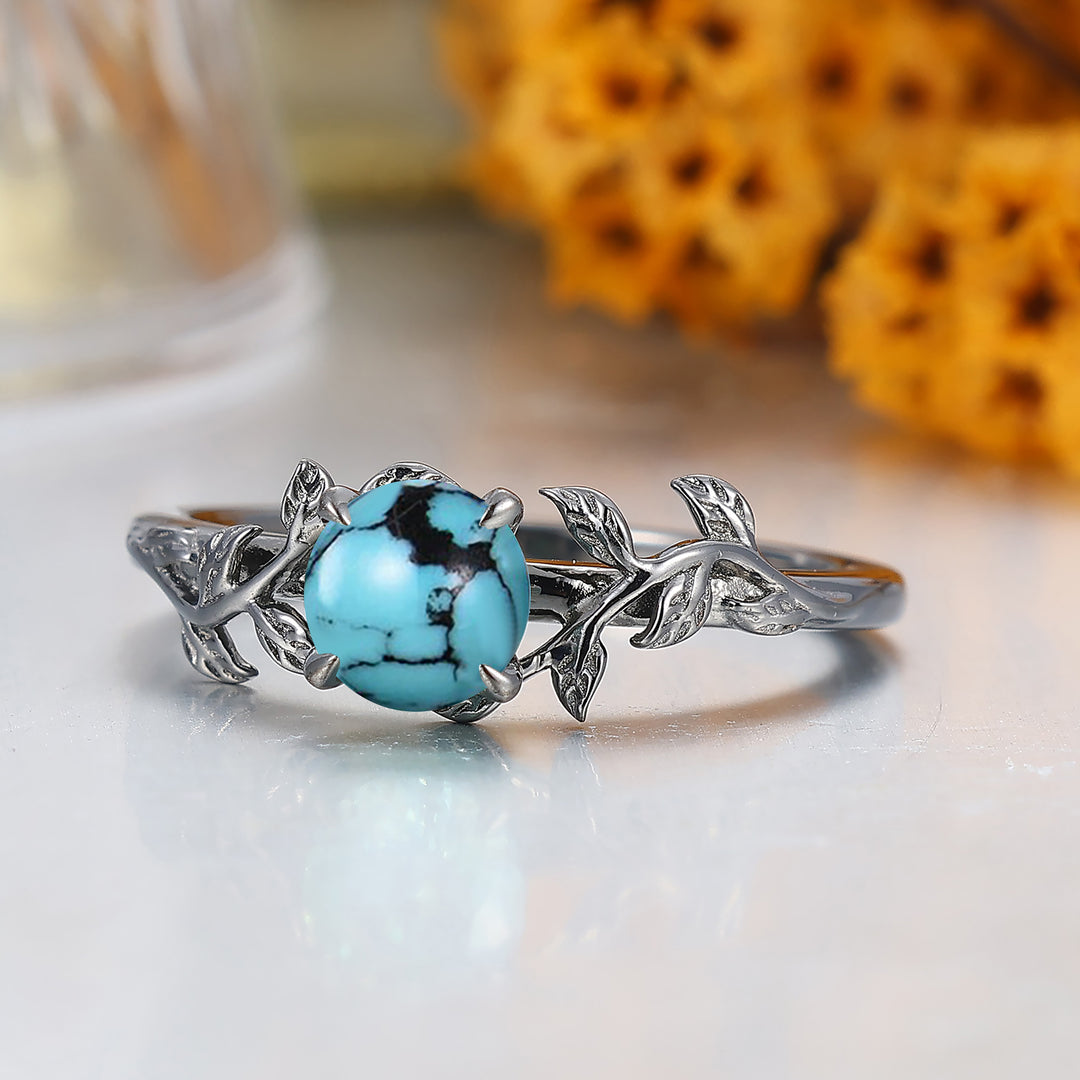 Round Cut Turquoise Engagement Ring Leaf Branch Style Black Plated Bridal Ring