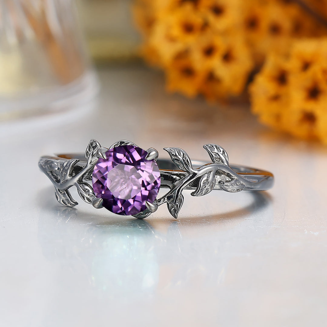 Bague de mariage améthyste branche feuille inspirée de la nature Bague de fiançailles améthyste taille hexagonale