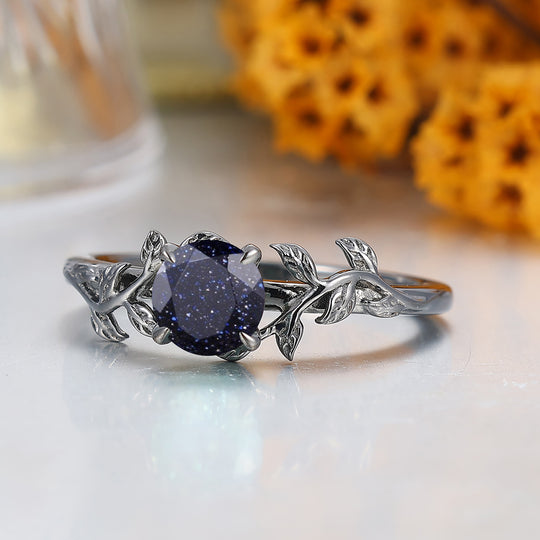 Nature Inspired Blue Sandstone Engagement Ring Leaf Branch Round Cut Bridal Ring